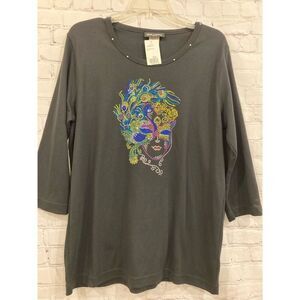 Get Lucky Large Mardi Gras Mask Tunic Top Black Rhinestones Embellished NWT